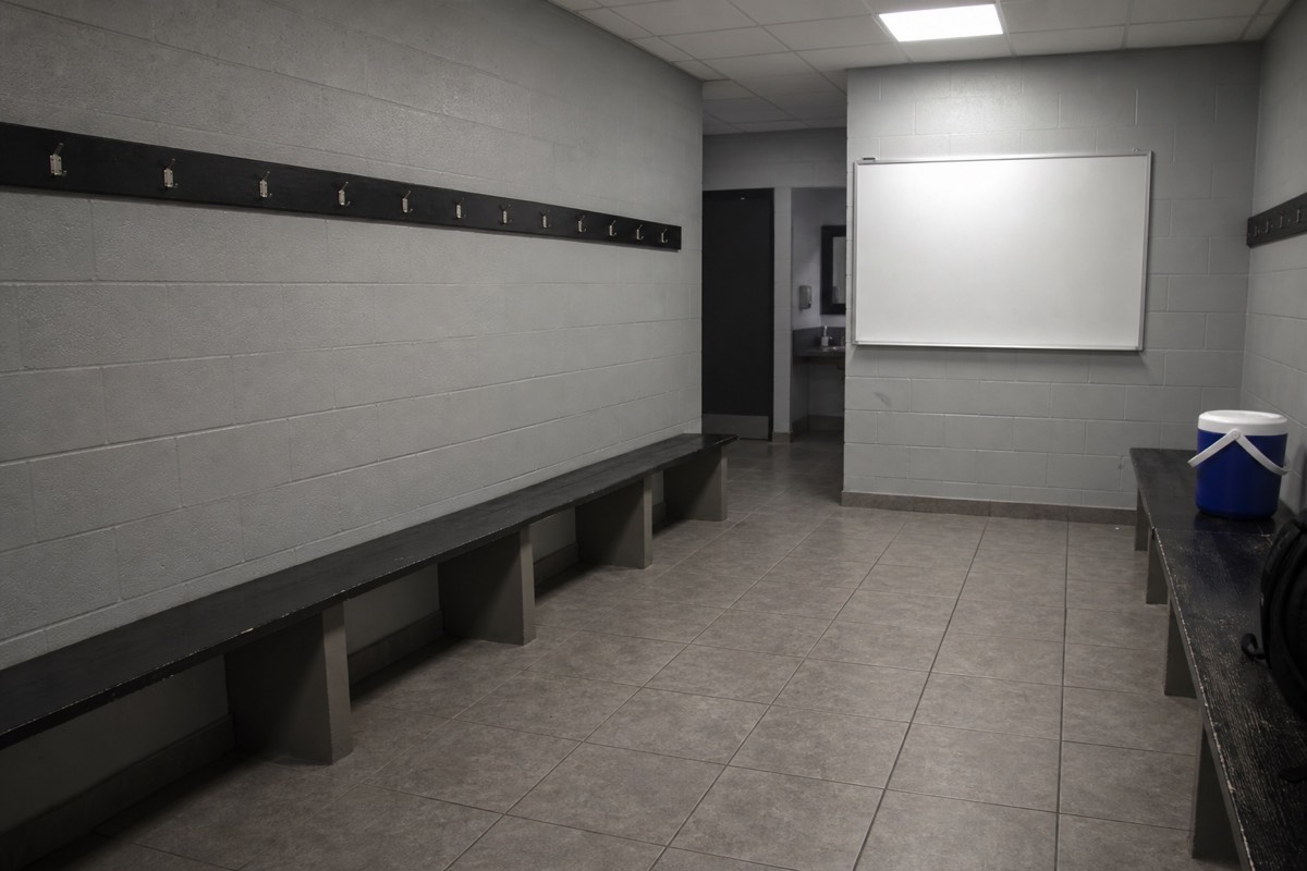 A Premier League home dressing room laid out before kick-off