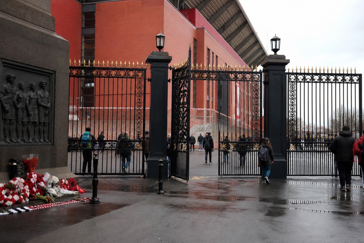 The exterior gates and forecourt of Anfield stadium
