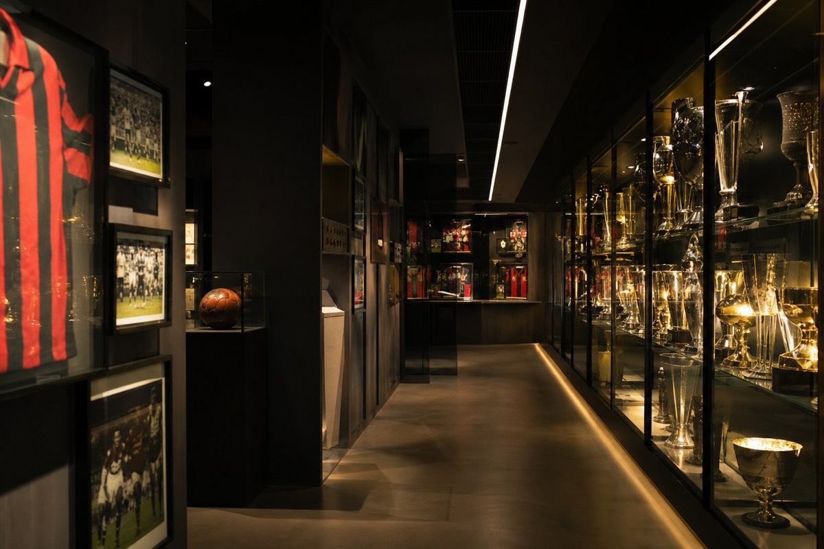 Displays inside a football club museum at the stadium