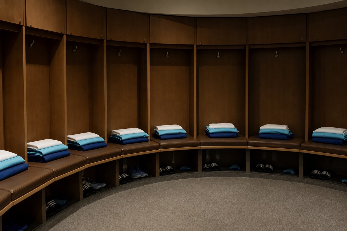 A Premier League home dressing room laid out before kick-off